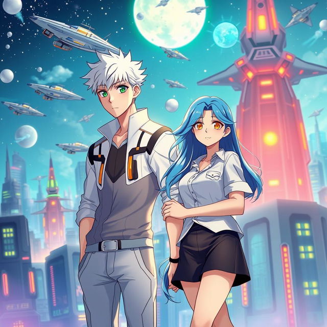 A captivating book cover for a futuristic slice of life romance novel featuring a young tall adult male with short white hair and striking green eyes, wearing a modern, futuristic shirt and fitted pants