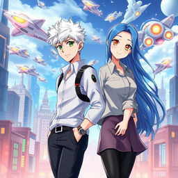 A captivating book cover for a futuristic slice of life romance novel featuring a young tall adult male with short white hair and striking green eyes, wearing a modern, futuristic shirt and fitted pants