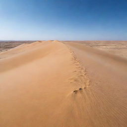 Breathtaking view of a vast desert, characterized by endless stretches of golden sand dunes under a clear azure sky