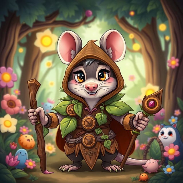 A cute androgynous rat druid character depicted in a cartoon style, wearing intricately designed wooden armor that looks playful and exaggerated