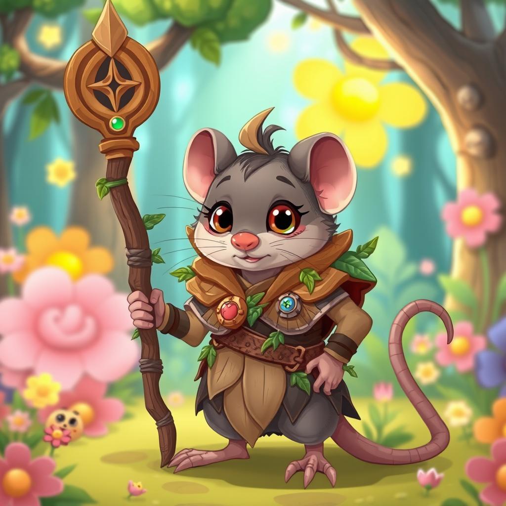 A cute androgynous rat druid character depicted in a cartoon style, wearing intricately designed wooden armor that looks playful and exaggerated