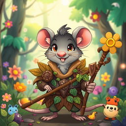 A cute androgynous rat druid character depicted in a cartoon style, wearing intricately designed wooden armor that looks playful and exaggerated