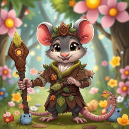 A cute androgynous rat druid character depicted in a cartoon style, wearing intricately designed wooden armor that looks playful and exaggerated