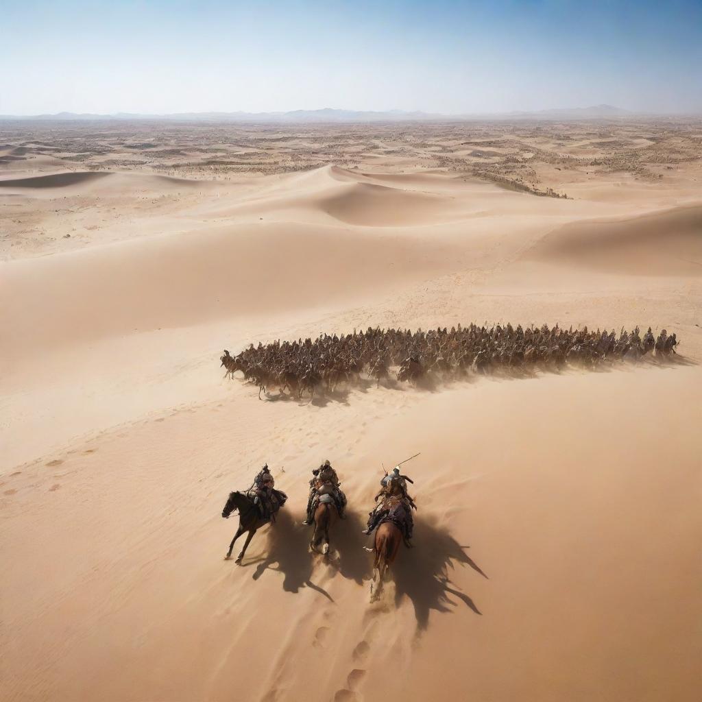 Dramatic scene of a battle occurring in a vast desert, with armies of horse-mounted warriors clashing amidst the endless stretches of golden sand dunes under a clear azure sky