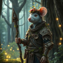 An androgynous rat druid clad in beautifully crafted wooden armor that merges harmoniously with nature