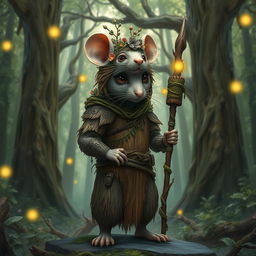 An androgynous rat druid clad in beautifully crafted wooden armor that merges harmoniously with nature