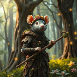 An androgynous rat druid clad in beautifully crafted wooden armor that merges harmoniously with nature