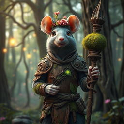 An androgynous rat druid clad in beautifully crafted wooden armor that merges harmoniously with nature
