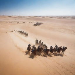 Dramatic scene of a battle occurring in a vast desert, with armies of horse-mounted warriors clashing amidst the endless stretches of golden sand dunes under a clear azure sky