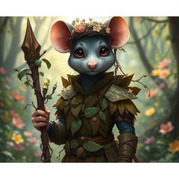 A feminine rat druid elegantly dressed in intricately crafted wooden armor made up of overlapping leaves and vines, showcasing a harmonious blend with nature
