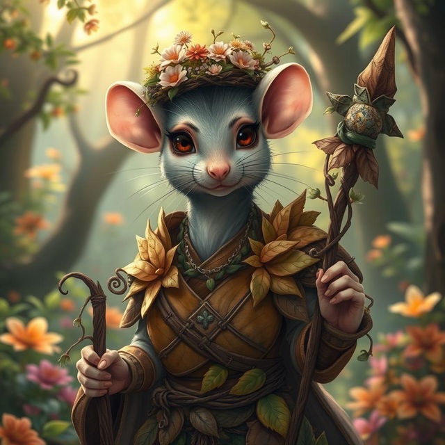 A feminine rat druid elegantly dressed in intricately crafted wooden armor made up of overlapping leaves and vines, showcasing a harmonious blend with nature