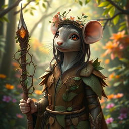 A feminine rat druid elegantly dressed in intricately crafted wooden armor made up of overlapping leaves and vines, showcasing a harmonious blend with nature