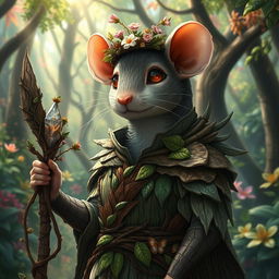 A feminine rat druid elegantly dressed in intricately crafted wooden armor made up of overlapping leaves and vines, showcasing a harmonious blend with nature