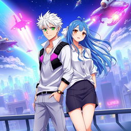 A stunning book cover for a futuristic slice of life romance novel featuring a tall young adult male with short white hair and vibrant green eyes, styled in a sleek, futuristic shirt and pants
