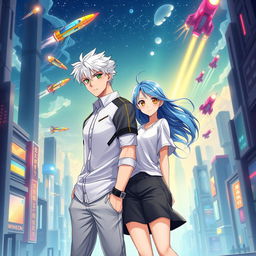 A stunning book cover for a futuristic slice of life romance novel featuring a tall young adult male with short white hair and vibrant green eyes, styled in a sleek, futuristic shirt and pants