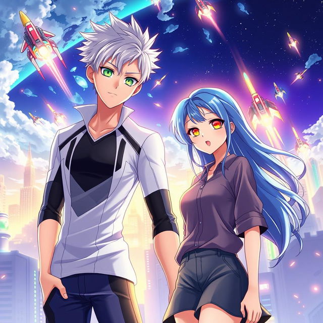 A stunning book cover for a futuristic slice of life romance novel featuring a tall young adult male with short white hair and vibrant green eyes, styled in a sleek, futuristic shirt and pants