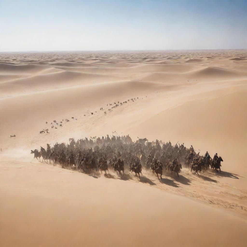 Dramatic scene of a battle occurring in a vast desert, with armies of horse-mounted warriors clashing amidst the endless stretches of golden sand dunes under a clear azure sky