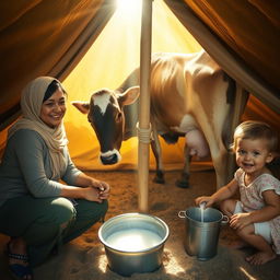 A serene moment inside a cozy tent, showcasing a woman gently milking a calm cow that is tied to a central stake