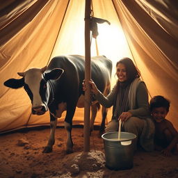 A serene moment inside a cozy tent, showcasing a woman gently milking a calm cow that is tied to a central stake
