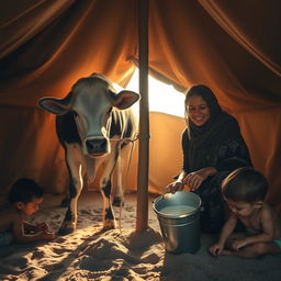 A serene moment inside a cozy tent, showcasing a woman gently milking a calm cow that is tied to a central stake