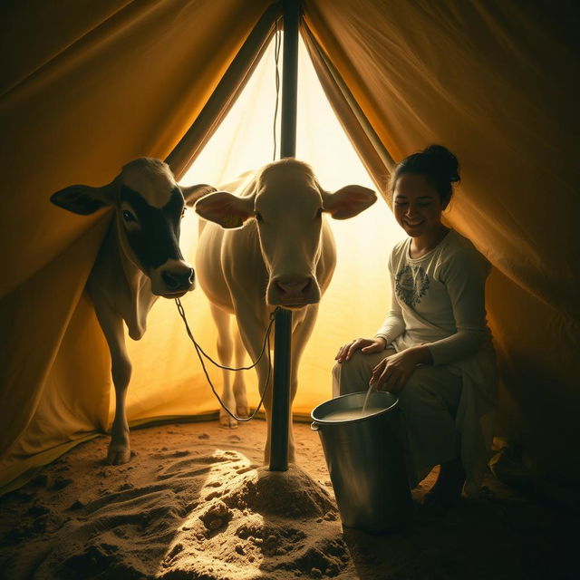 A serene moment inside a cozy tent, showcasing a woman gently milking a calm cow that is tied to a central stake