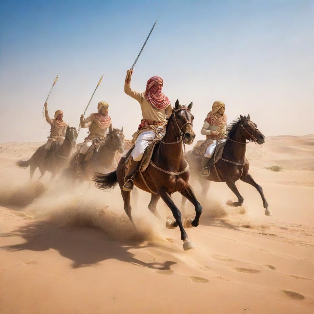 Intense historical battle scene in the desert, where a powerful Egyptian cavalry charges, overpowering the Persian horsemen amidst the endless golden sand dunes under a clear azure sky