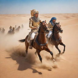 Intense historical battle scene in the desert, where a powerful Egyptian cavalry charges, overpowering the Persian horsemen amidst the endless golden sand dunes under a clear azure sky