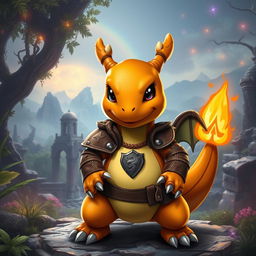 A fierce and charming Charmander character clad in rugged leather armor, meticulously detailed with intricate stitching and metal accents for a fantasy setting