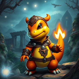 A fierce and charming Charmander character clad in rugged leather armor, meticulously detailed with intricate stitching and metal accents for a fantasy setting
