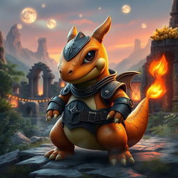 A fierce and charming Charmander character clad in rugged leather armor, meticulously detailed with intricate stitching and metal accents for a fantasy setting