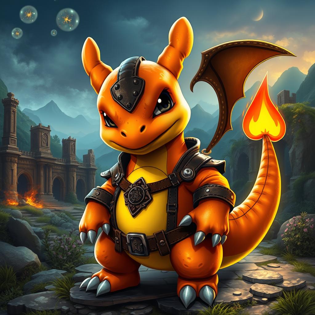 A fierce and charming Charmander character clad in rugged leather armor, meticulously detailed with intricate stitching and metal accents for a fantasy setting