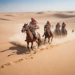 Intense historical battle scene in the desert, where a powerful Egyptian cavalry charges, overpowering the Persian horsemen amidst the endless golden sand dunes under a clear azure sky