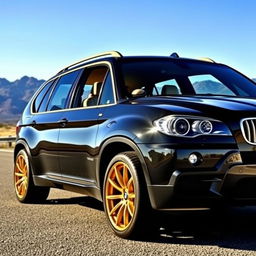 A sleek black 2009 BMW X5 with golden accents, showcasing its aggressive and luxurious design