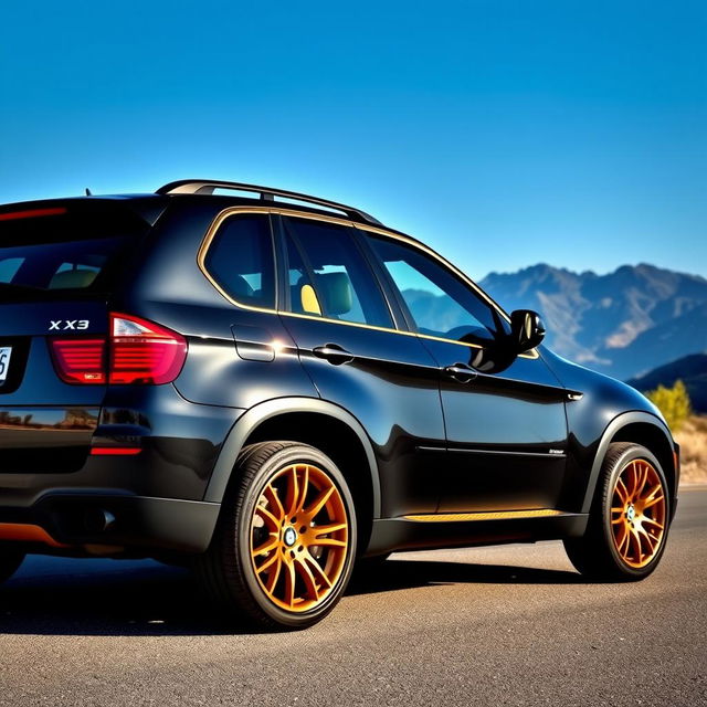 A sleek black 2009 BMW X5 with golden accents, showcasing its aggressive and luxurious design