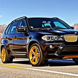 A sleek black 2009 BMW X5 with golden accents, showcasing its aggressive and luxurious design