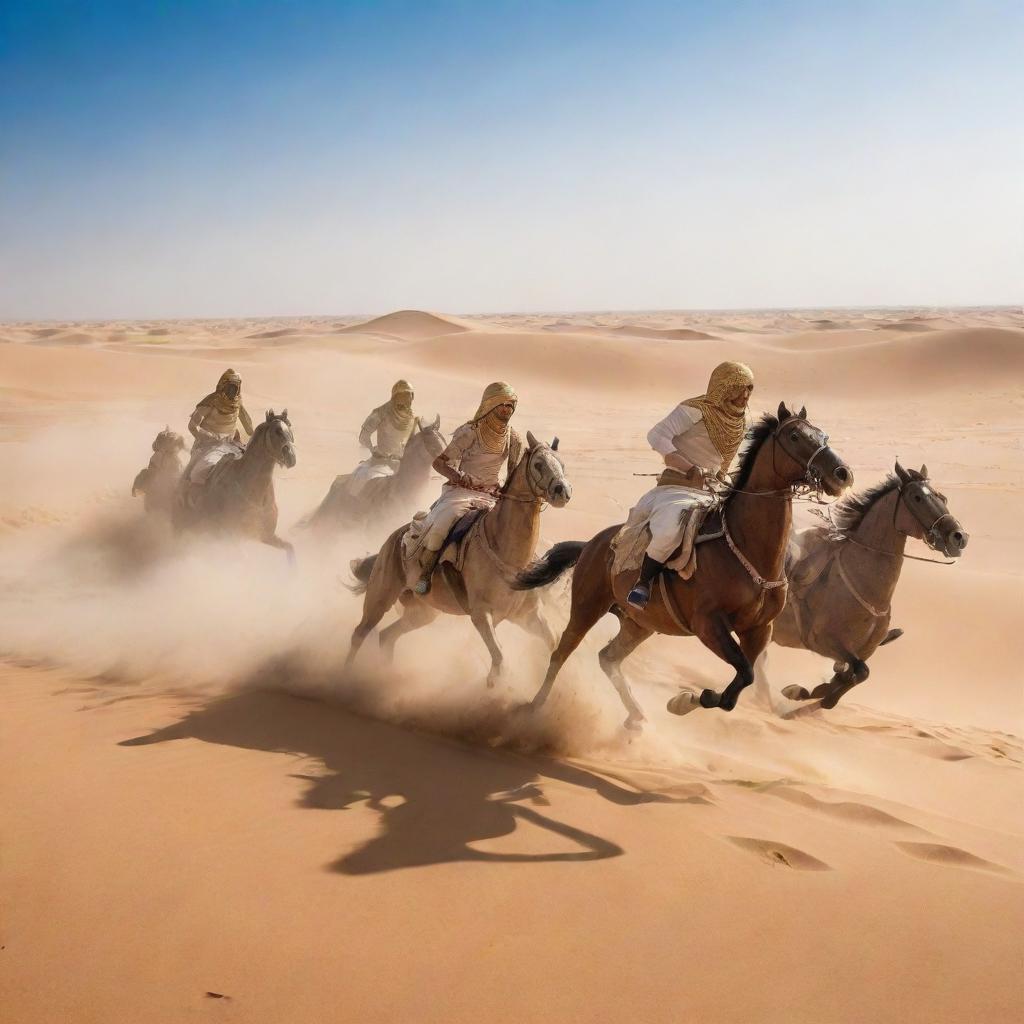 Intense historical battle scene in the desert, where a powerful Egyptian cavalry charges, overpowering the Persian horsemen amidst the endless golden sand dunes under a clear azure sky