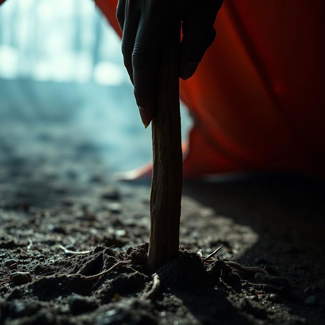 A close-up of Satan’s dark, clawed hand reaching for the central wooden stake holding up a tent