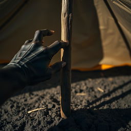 A close-up of Satan’s dark, clawed hand reaching for the central wooden stake holding up a tent