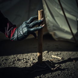 A close-up of Satan’s dark, clawed hand reaching for the central wooden stake holding up a tent