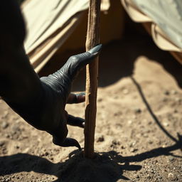 A close-up of Satan’s dark, clawed hand reaching for the central wooden stake holding up a tent