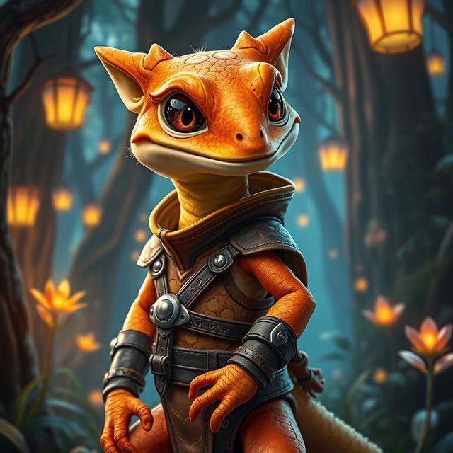 A striking orange and yellow gecko character adorned in sleek, form-fitting leather armor that is expertly detailed with intricate patterns and metal fastenings