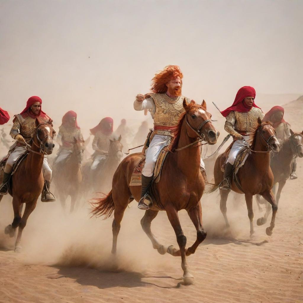 In the midst of the intense historical desert battle, a unique figure stands out: a man with striking red hair, confidently leading the victorious Egyptian cavalry against the Persian horsemen. 