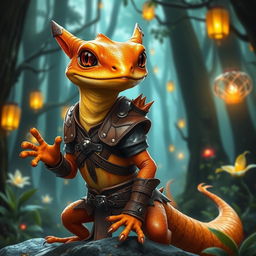 A striking orange and yellow gecko character adorned in sleek, form-fitting leather armor that is expertly detailed with intricate patterns and metal fastenings