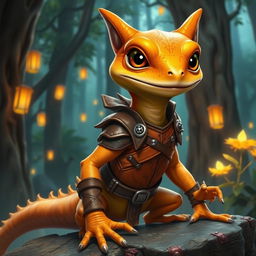 A striking orange and yellow gecko character adorned in sleek, form-fitting leather armor that is expertly detailed with intricate patterns and metal fastenings
