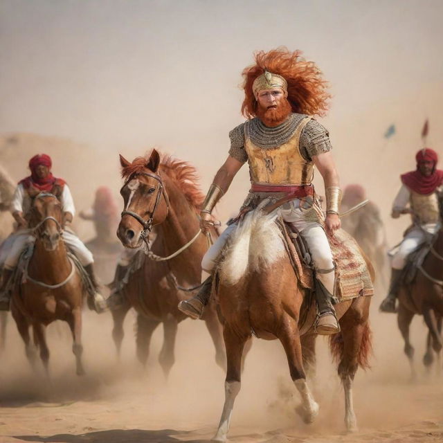 In the midst of the intense historical desert battle, a unique figure stands out: a man with striking red hair, confidently leading the victorious Egyptian cavalry against the Persian horsemen. 