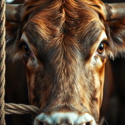 A dramatic close-up of a cow's eyes, portraying intense fear as it notices a stake moving