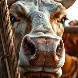 A dramatic close-up of a cow's eyes, portraying intense fear as it notices a stake moving