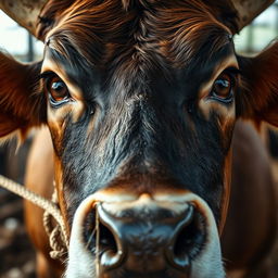 A dramatic close-up of a cow's eyes, portraying intense fear as it notices a stake moving