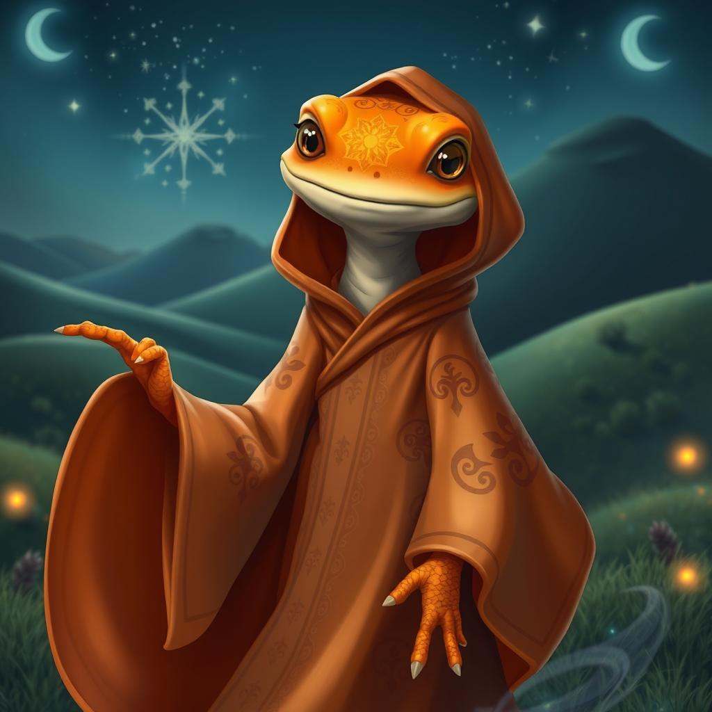 A vibrant orange and yellow gecko character elegantly draped in a flowing robe adorned with intricate patterns and magical symbols