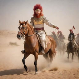 In the midst of the intense historical desert battle, a unique figure stands out: a man with striking red hair, confidently leading the victorious Egyptian cavalry against the Persian horsemen. 